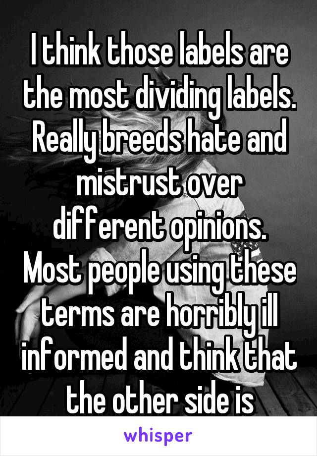 I think those labels are the most dividing labels. Really breeds hate and mistrust over different opinions. Most people using these terms are horribly ill informed and think that the other side is