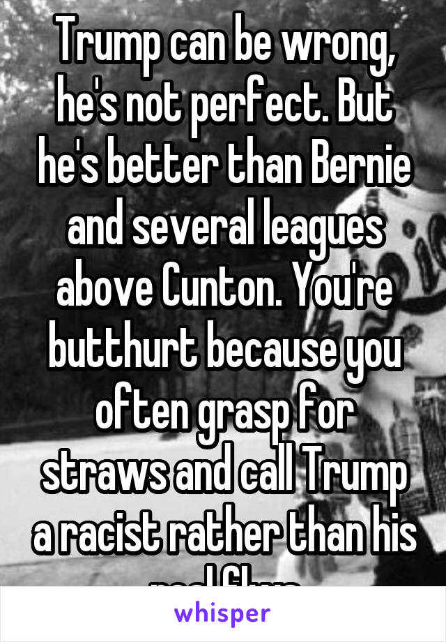 Trump can be wrong, he's not perfect. But he's better than Bernie and several leagues above Cunton. You're butthurt because you often grasp for straws and call Trump a racist rather than his real flws