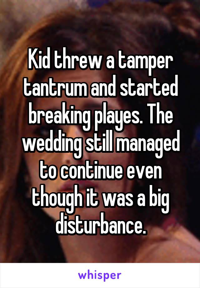 Kid threw a tamper tantrum and started breaking playes. The wedding still managed to continue even though it was a big disturbance.