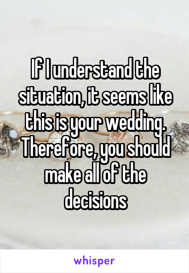 If I understand the situation, it seems like this is your wedding. Therefore, you should make all of the decisions