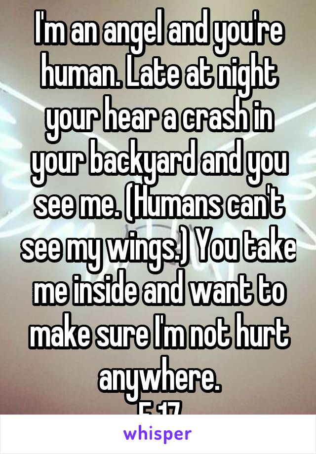 I'm an angel and you're human. Late at night your hear a crash in your backyard and you see me. (Humans can't see my wings.) You take me inside and want to make sure I'm not hurt anywhere.
F 17