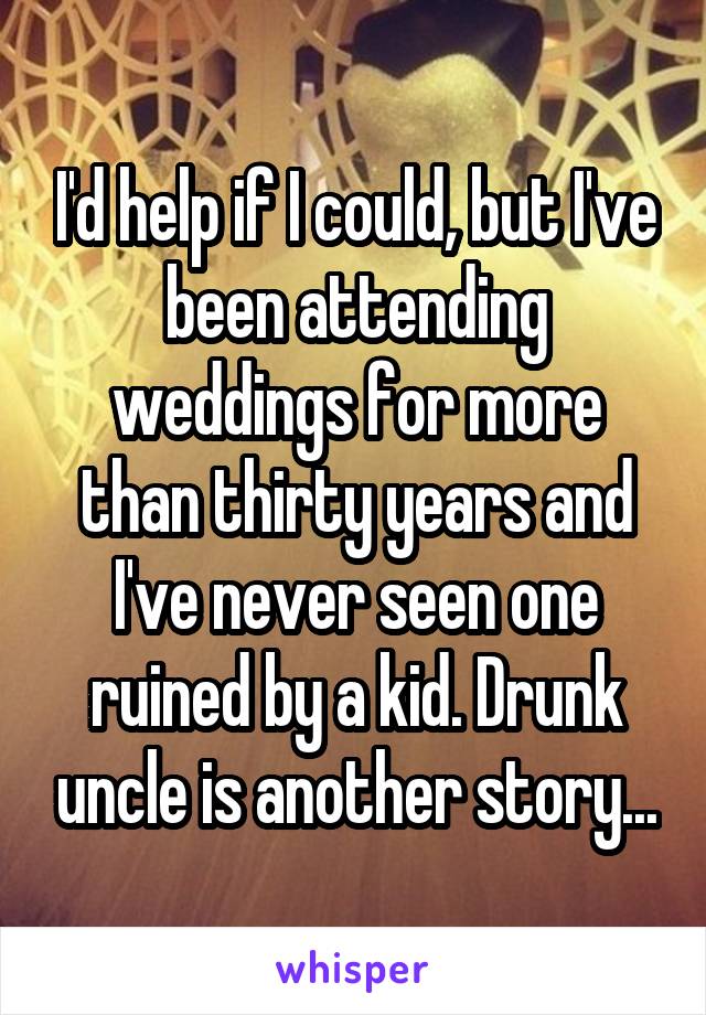 I'd help if I could, but I've been attending weddings for more than thirty years and I've never seen one ruined by a kid. Drunk uncle is another story...