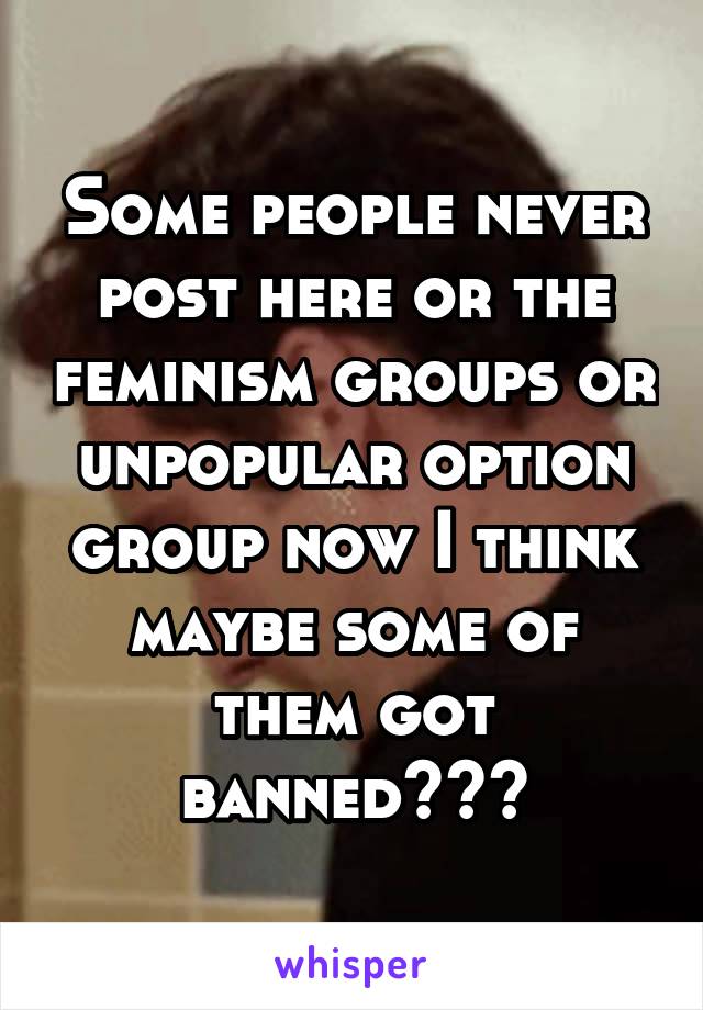 Some people never post here or the feminism groups or unpopular option group now I think maybe some of them got banned???