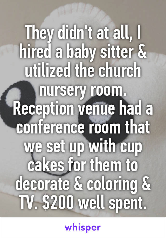 They didn't at all, I hired a baby sitter & utilized the church nursery room. Reception venue had a conference room that we set up with cup cakes for them to decorate & coloring & TV. $200 well spent.