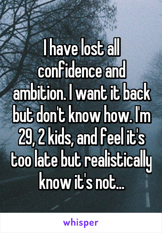 I have lost all confidence and ambition. I want it back but don't know how. I'm 29, 2 kids, and feel it's too late but realistically know it's not...