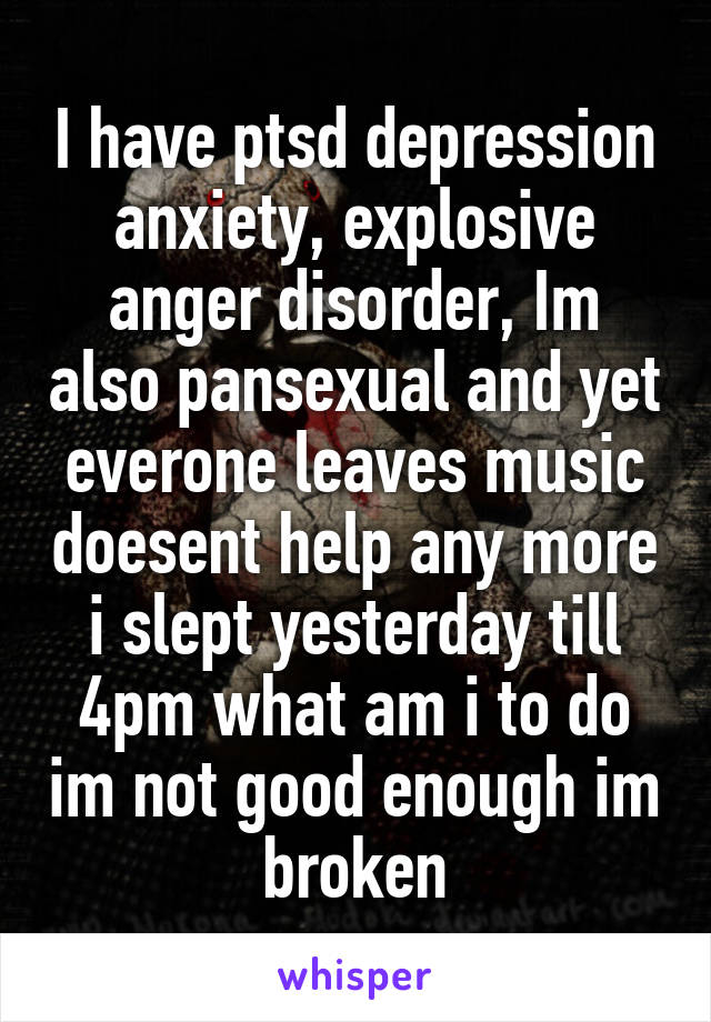 I have ptsd depression anxiety, explosive anger disorder, Im also pansexual and yet everone leaves music doesent help any more i slept yesterday till 4pm what am i to do im not good enough im broken