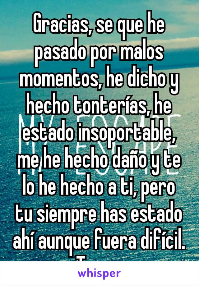 Gracias, se que he pasado por malos momentos, he dicho y hecho tonterías, he estado insoportable, me he hecho daño y te lo he hecho a ti, pero tu siempre has estado ahí aunque fuera difícil.
 Te amo