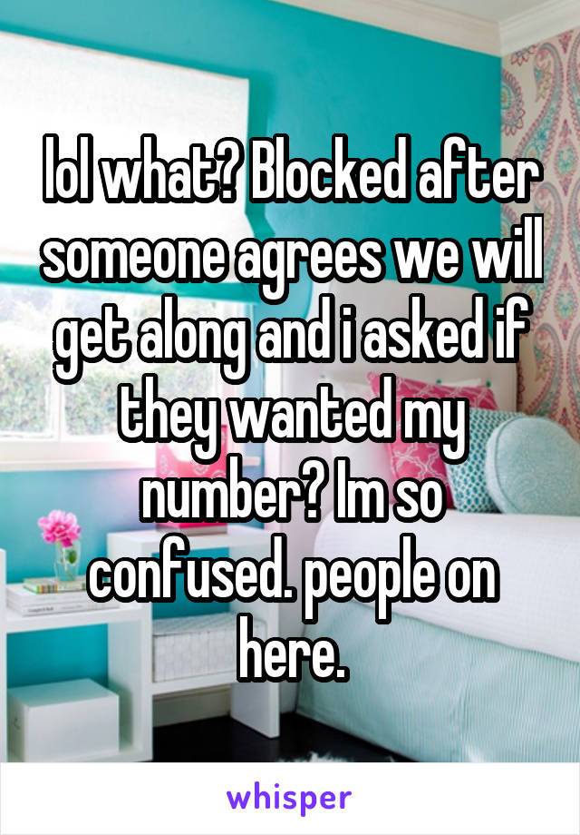 lol what? Blocked after someone agrees we will get along and i asked if they wanted my number? Im so confused. people on here.