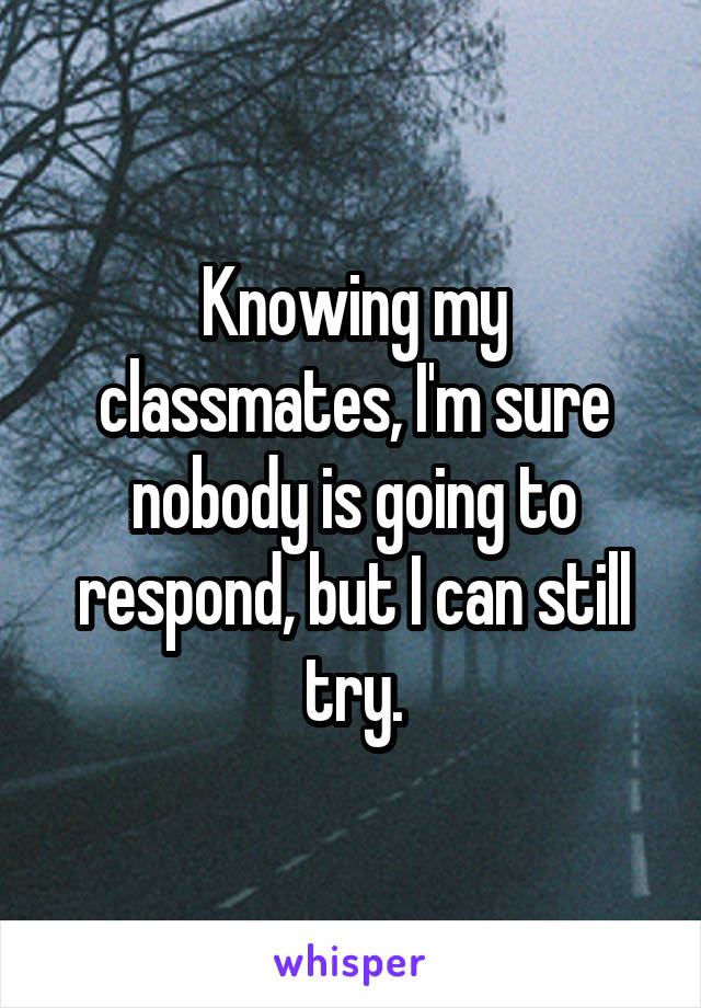 Knowing my classmates, I'm sure nobody is going to respond, but I can still try.