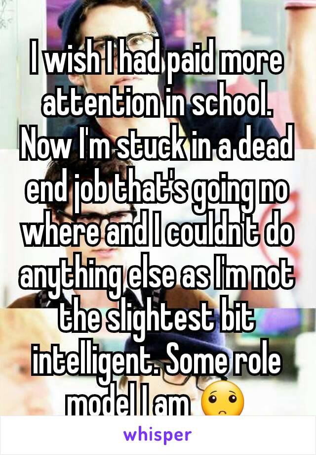 I wish I had paid more attention in school. Now I'm stuck in a dead end job that's going no where and I couldn't do anything else as I'm not the slightest bit intelligent. Some role model I am 🙁