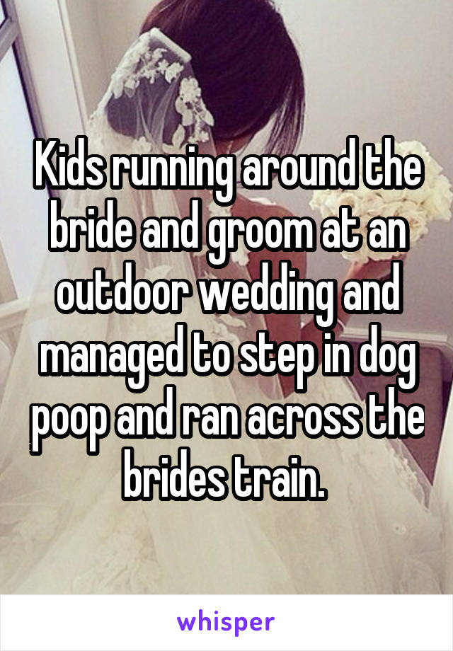 Kids running around the bride and groom at an outdoor wedding and managed to step in dog poop and ran across the brides train. 