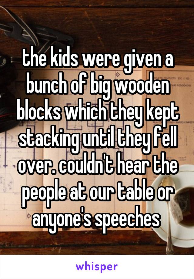 the kids were given a bunch of big wooden blocks which they kept stacking until they fell over. couldn't hear the people at our table or anyone's speeches 