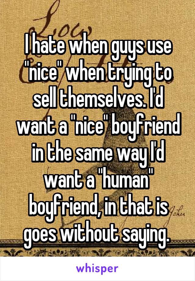 I hate when guys use "nice" when trying to sell themselves. I'd want a "nice" boyfriend in the same way I'd want a "human" boyfriend, in that is goes without saying. 