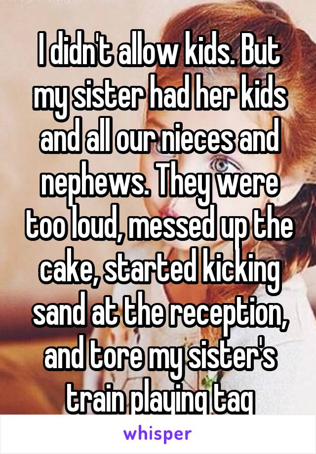 I didn't allow kids. But my sister had her kids and all our nieces and nephews. They were too loud, messed up the cake, started kicking sand at the reception, and tore my sister's train playing tag