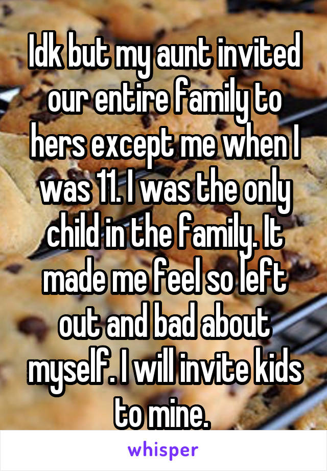 Idk but my aunt invited our entire family to hers except me when I was 11. I was the only child in the family. It made me feel so left out and bad about myself. I will invite kids to mine. 