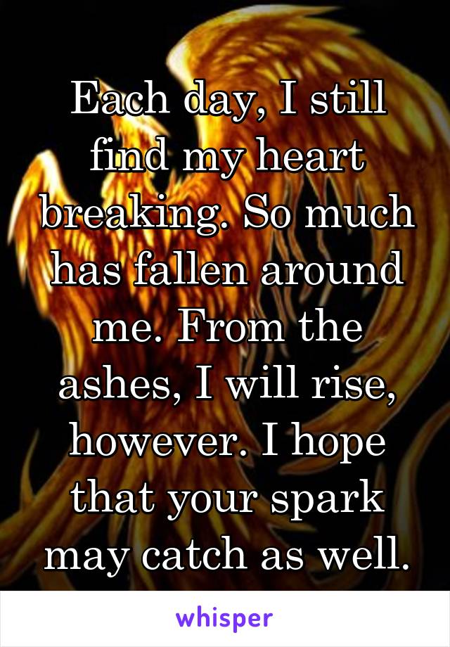 Each day, I still find my heart breaking. So much has fallen around me. From the ashes, I will rise, however. I hope that your spark may catch as well.