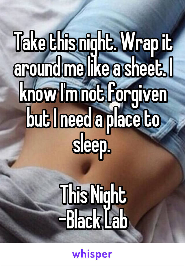 Take this night. Wrap it around me like a sheet. I know I'm not forgiven but I need a place to sleep. 

This Night
-Black Lab