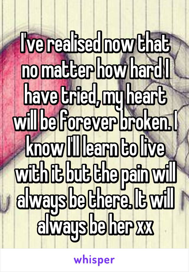 I've realised now that no matter how hard I have tried, my heart will be forever broken. I know I'll learn to live with it but the pain will always be there. It will always be her xx