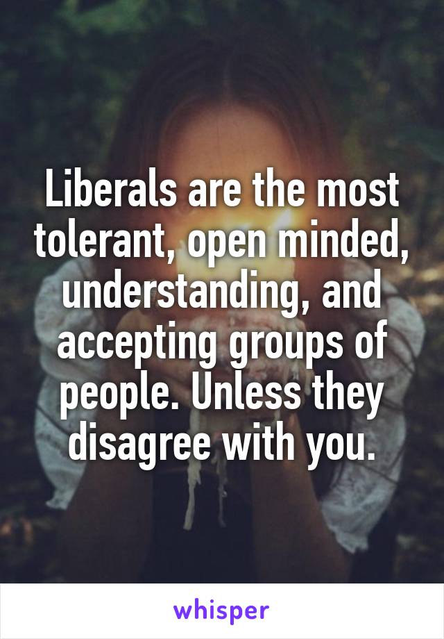 Liberals are the most tolerant, open minded, understanding, and accepting groups of people. Unless they disagree with you.