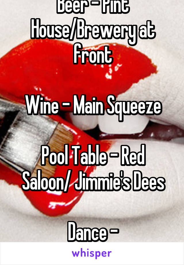 Beer - Pint House/Brewery at front

Wine - Main Squeeze

Pool Table - Red Saloon/ Jimmie's Dees

Dance - KRESS/Jimmie's Dees