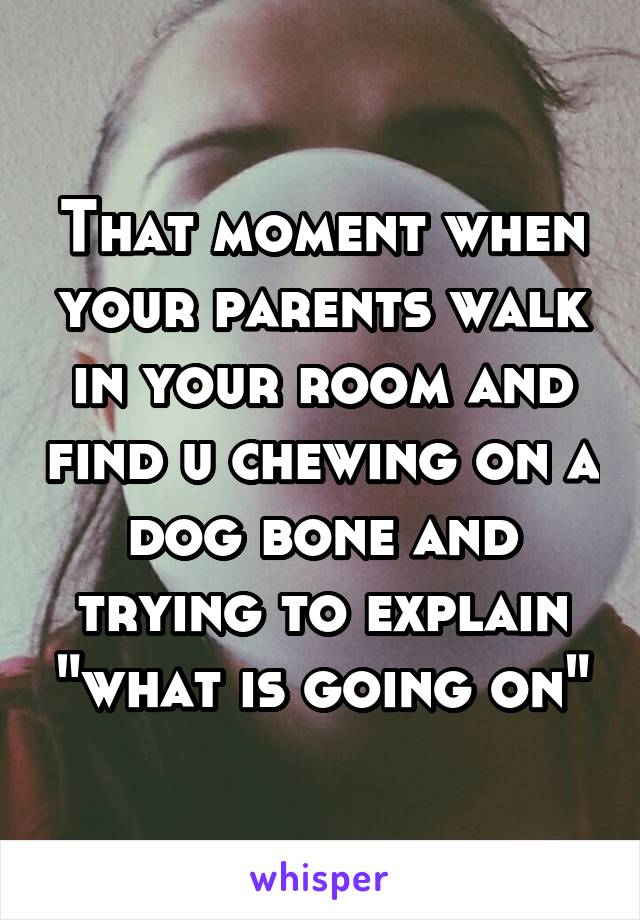 That moment when your parents walk in your room and find u chewing on a dog bone and trying to explain "what is going on"