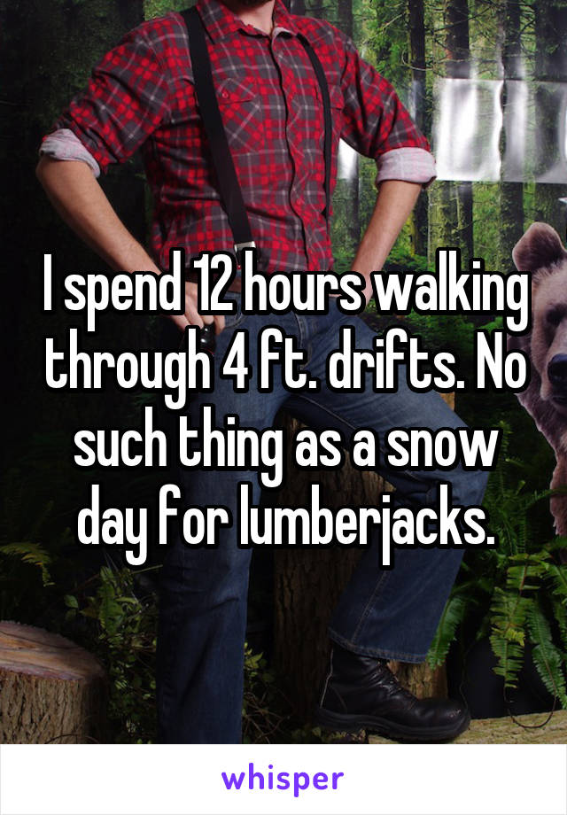 I spend 12 hours walking through 4 ft. drifts. No such thing as a snow day for lumberjacks.