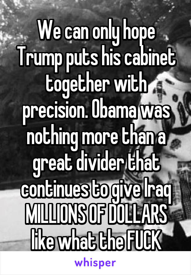 We can only hope Trump puts his cabinet together with precision. Obama was nothing more than a great divider that continues to give Iraq MILLIONS OF DOLLARS like what the FUCK