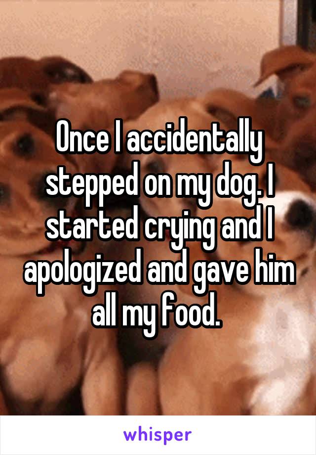 Once I accidentally stepped on my dog. I started crying and I apologized and gave him all my food. 