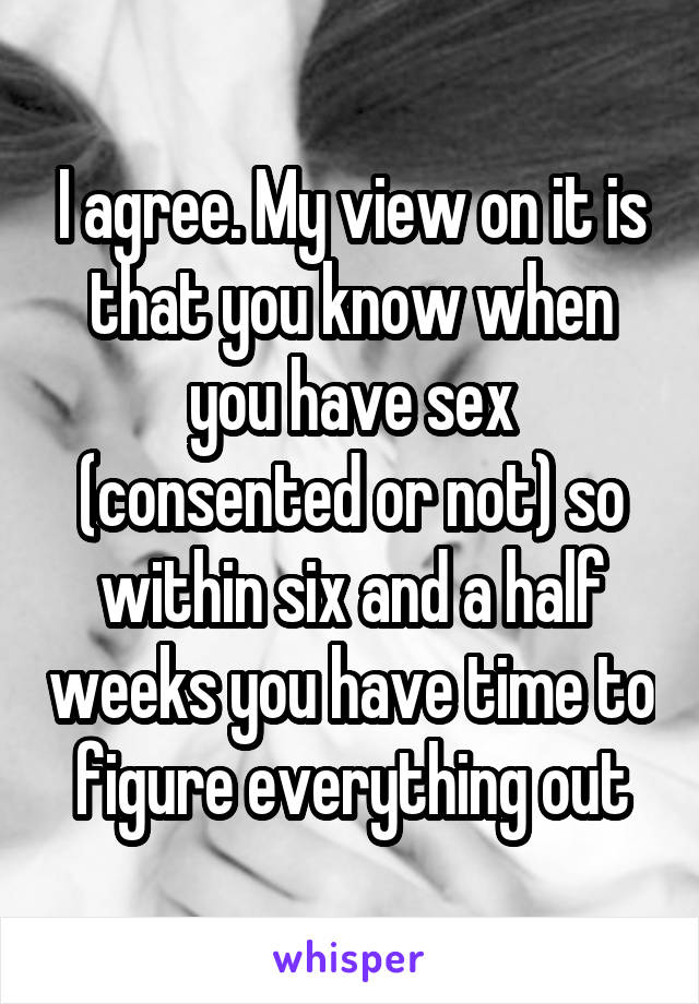 I agree. My view on it is that you know when you have sex (consented or not) so within six and a half weeks you have time to figure everything out