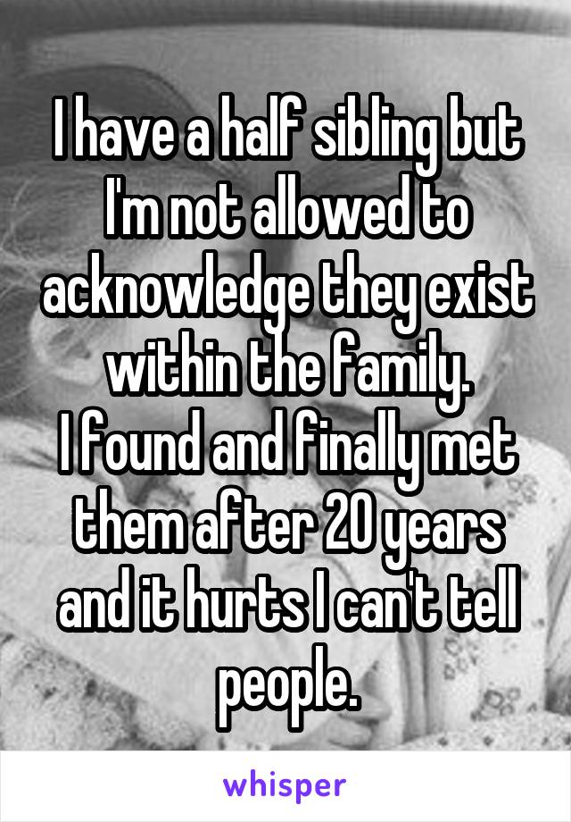 I have a half sibling but I'm not allowed to acknowledge they exist within the family.
I found and finally met them after 20 years and it hurts I can't tell people.