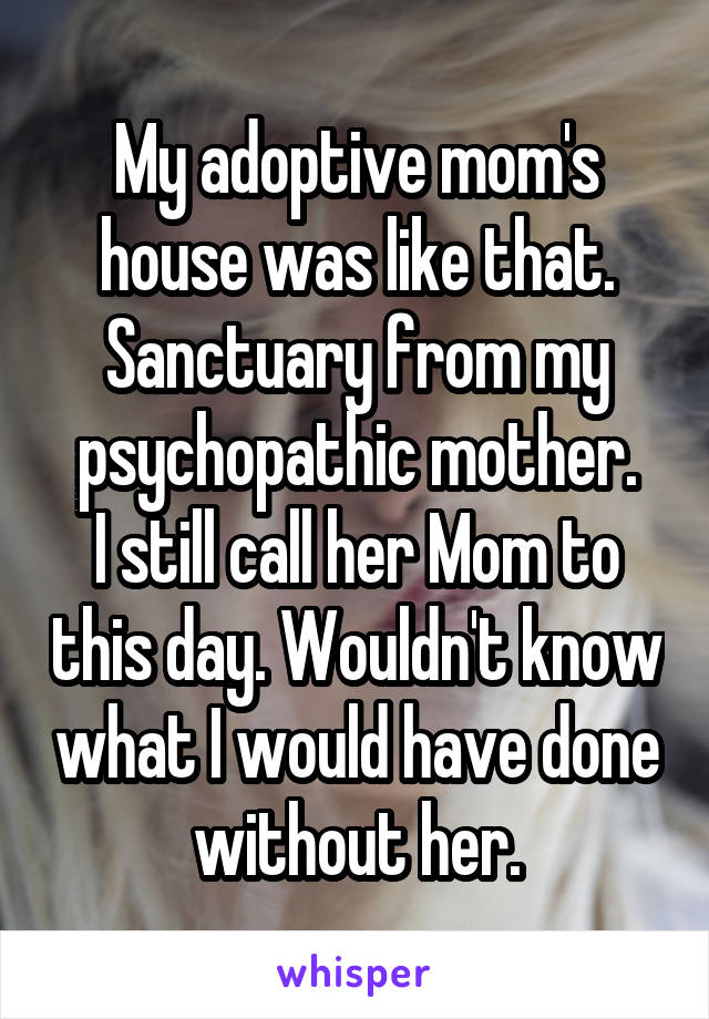 My adoptive mom's house was like that. Sanctuary from my psychopathic mother.
I still call her Mom to this day. Wouldn't know what I would have done without her.