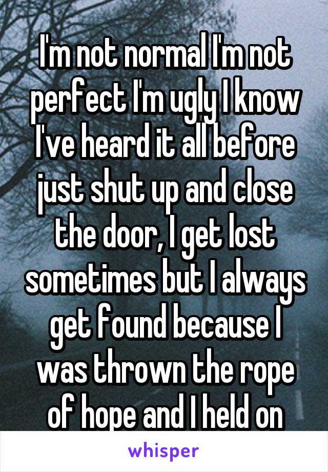 I'm not normal I'm not perfect I'm ugly I know I've heard it all before just shut up and close the door, I get lost sometimes but I always get found because I was thrown the rope of hope and I held on