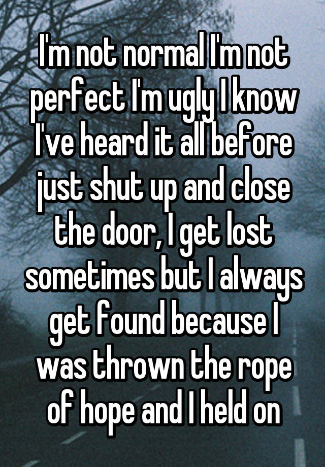 I'm not normal I'm not perfect I'm ugly I know I've heard it all before just shut up and close the door, I get lost sometimes but I always get found because I was thrown the rope of hope and I held on