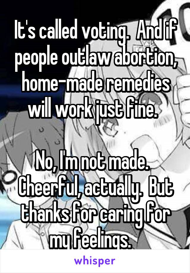 It's called voting.  And if people outlaw abortion, home-made remedies will work just fine.  

No, I'm not made.   Cheerful, actually.  But thanks for caring for my feelings.   