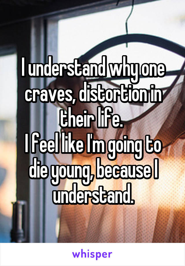 I understand why one craves, distortion in their life. 
I feel like I'm going to die young, because I understand.