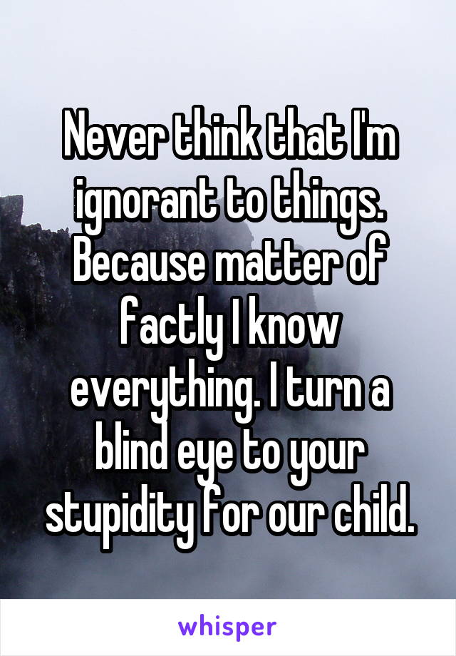 Never think that I'm ignorant to things.
Because matter of factly I know everything. I turn a blind eye to your stupidity for our child.