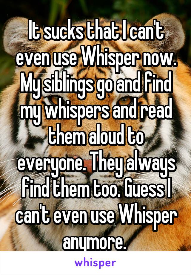 It sucks that I can't even use Whisper now. My siblings go and find my whispers and read them aloud to everyone. They always find them too. Guess I can't even use Whisper anymore. 