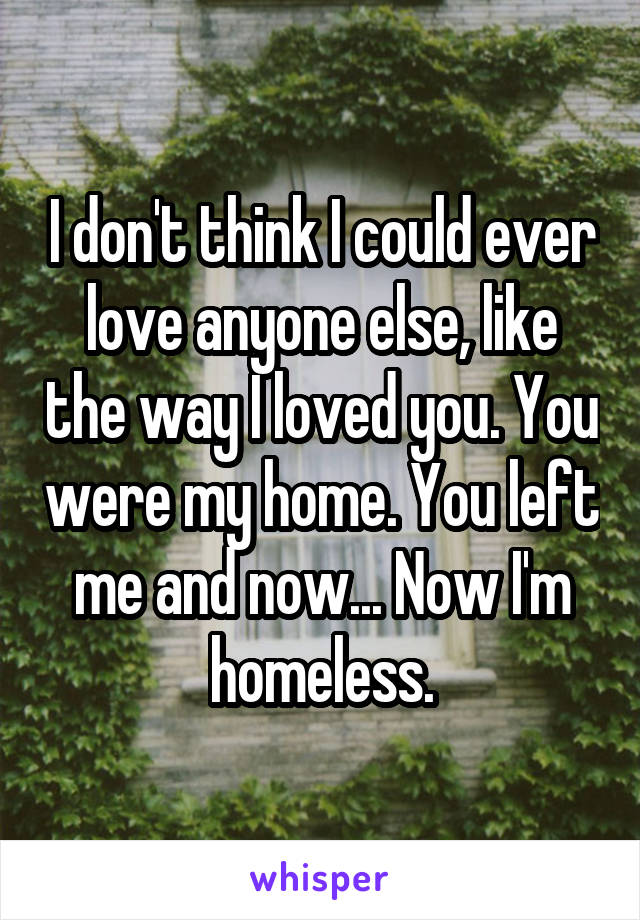 I don't think I could ever love anyone else, like the way I loved you. You were my home. You left me and now... Now I'm homeless.