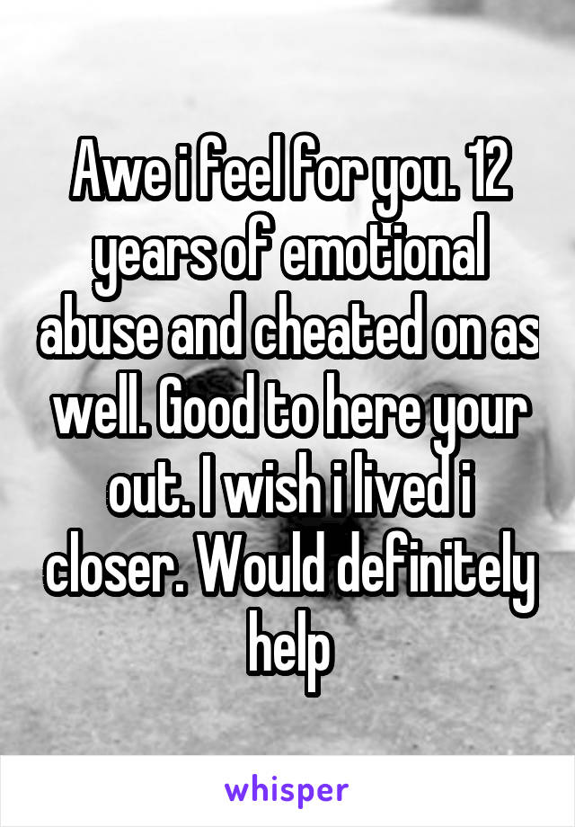 Awe i feel for you. 12 years of emotional abuse and cheated on as well. Good to here your out. I wish i lived i closer. Would definitely help