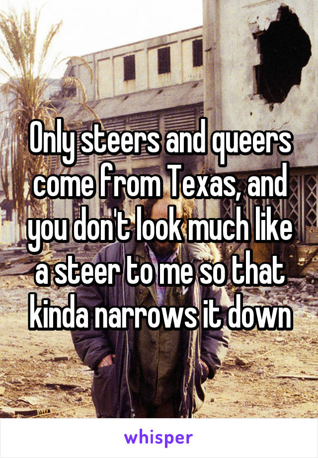 Only steers and queers come from Texas, and you don't look much like a steer to me so that kinda narrows it down
