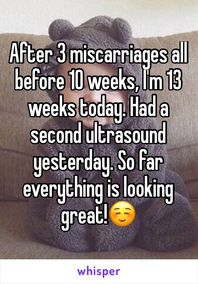 After 3 miscarriages all before 10 weeks, I'm 13 weeks today. Had a second ultrasound yesterday. So far everything is looking great!☺️