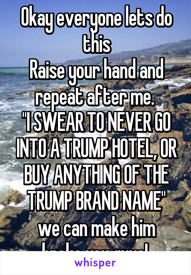 Okay everyone lets do this
Raise your hand and repeat after me. 
"I SWEAR TO NEVER GO INTO A TRUMP HOTEL, OR BUY ANYTHING OF THE TRUMP BRAND NAME"
we can make him broke you guys! 