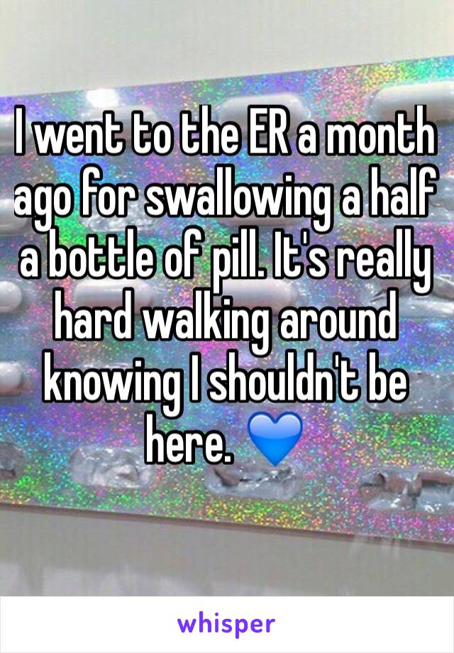 I went to the ER a month ago for swallowing a half a bottle of pill. It's really hard walking around knowing I shouldn't be here. 💙