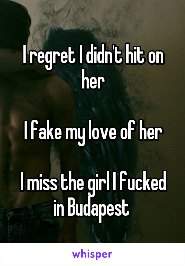 I regret I didn't hit on her

I fake my love of her

I miss the girl I fucked in Budapest 