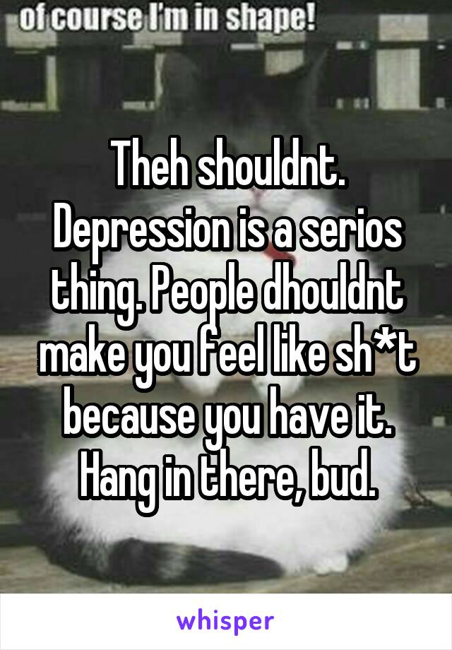 Theh shouldnt. Depression is a serios thing. People dhouldnt make you feel like sh*t because you have it. Hang in there, bud.