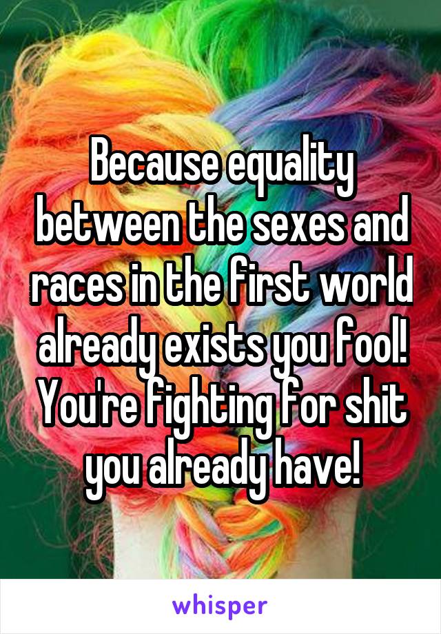 Because equality between the sexes and races in the first world already exists you fool! You're fighting for shit you already have!