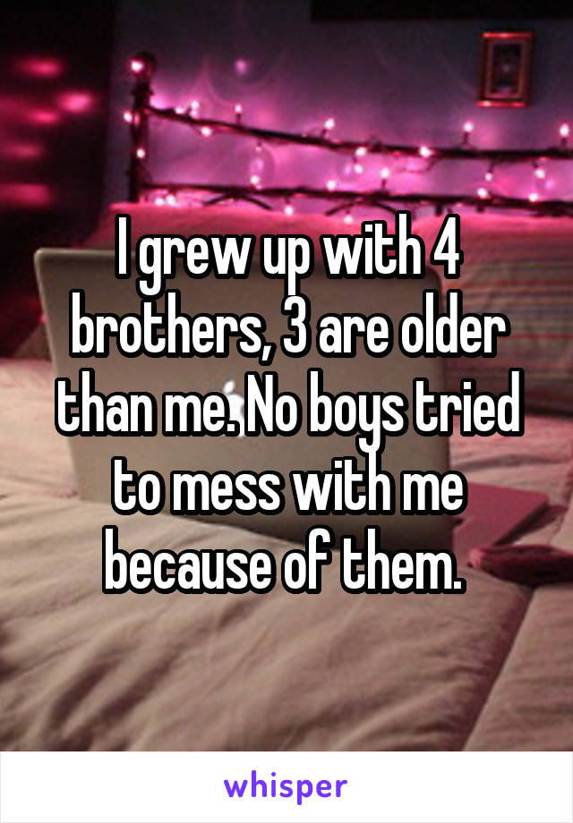 I grew up with 4 brothers, 3 are older than me. No boys tried to mess with me because of them. 