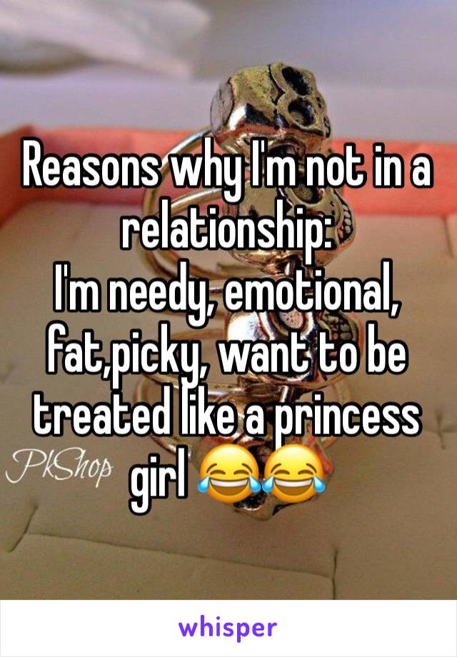 Reasons why I'm not in a relationship:
I'm needy, emotional, fat,picky, want to be treated like a princess girl 😂😂