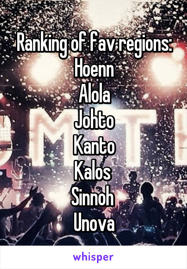 Ranking of fav regions:
Hoenn
Alola
Johto
Kanto
Kalos 
Sinnoh 
Unova