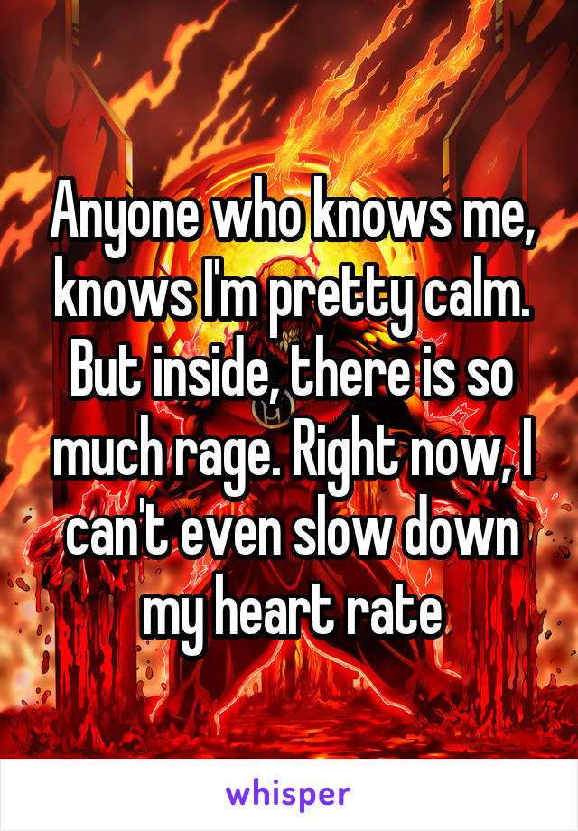 Anyone who knows me, knows I'm pretty calm. But inside, there is so much rage. Right now, I can't even slow down my heart rate